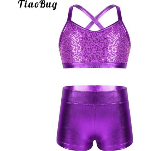 TiaoBug Summer 2Pcs Kids Girls Tankini Outfit Spaghetti Shoulder Straps Shiny Sequins Tank Top With Bottoms Set For Ballet Dance