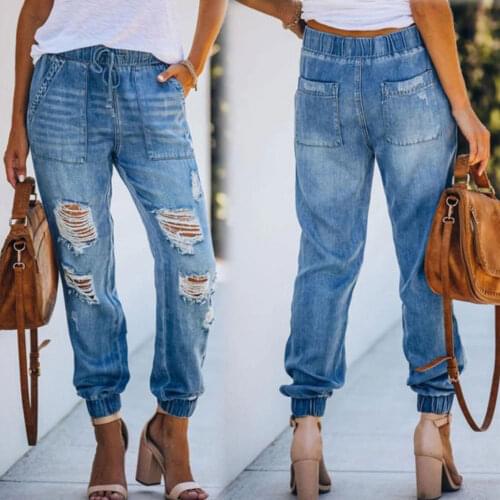 Summer Elastic Holes To Tie Feet Jeans Woman High Waist Plus Size Fashion Light Blue Loose Wash Street Ladies Trousers Clothes
