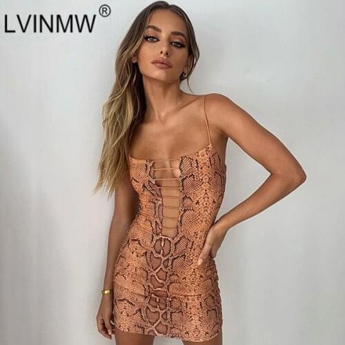 LVINMW Skinny Sexy Hollow Out Snake Skin Mini Dress Printed Lace Up Spaghetti Straps Sleeveless Dresses Women Outfits Club Party
