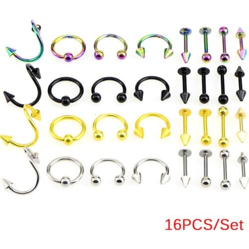 16Pcs/set Fashion Piercing Stainless Steel Spiral Nose Rings Earring Stud Tragus For Women Men Pircing Nariz Piercing Lengua