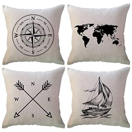 Coastal Sailing Throw Pillow Covers Black Compass/Anchor/Sailboat/]Ocean Theme Pillowcases Nautical Decorative Cushion Cover
