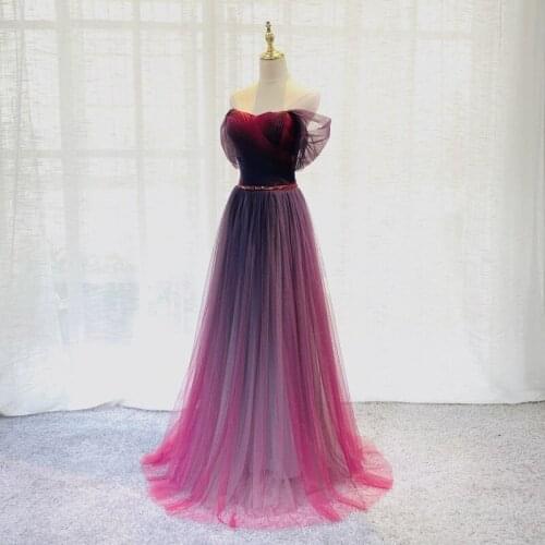 New Elegant Strapless Evening Dress Pleat A-Line Simple Short Sleeves Floor-Length Lace Up Tulle Party Formal Gown Woman B756