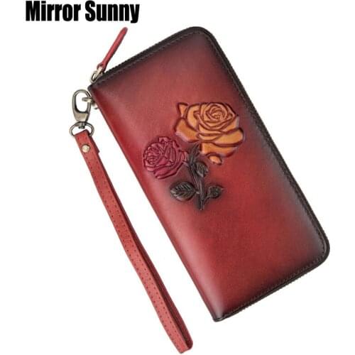 New Top Layer Cowhide Leather Wallet Long Womens Zipper Wristband Phone Purse Genuine Leather Card Bag Large Capacity Hand Bag