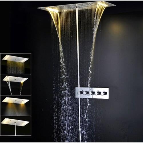 Bathroom LED Shower Set 4 ways Shower Mixer Valve Ceiling Shower Head Panel Rainfall Waterfall Massage Shower Faucets 380*700MM