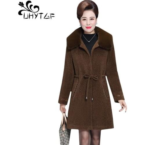 UHYTGF Casual winter wool coat women fashion fur collar quality Mink Cashmere woolen coats elegant mom 5XL plus size jacket 1003