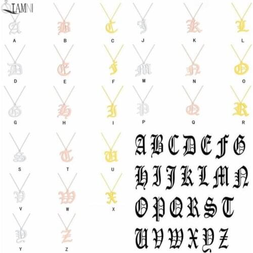 QIAMNI Stainless Steel Old English Alphabet 26 A-Z Letter Necklace Pendant Women Men Capital Initial Necklace Birthday Gift