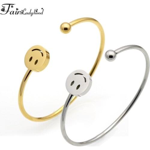 Fairladyhood Adjustable Open Stainless Steel Bracelet Bangles 2 Color Cuff Smile Face Bangle For Women Jewelry Gift For Girls
