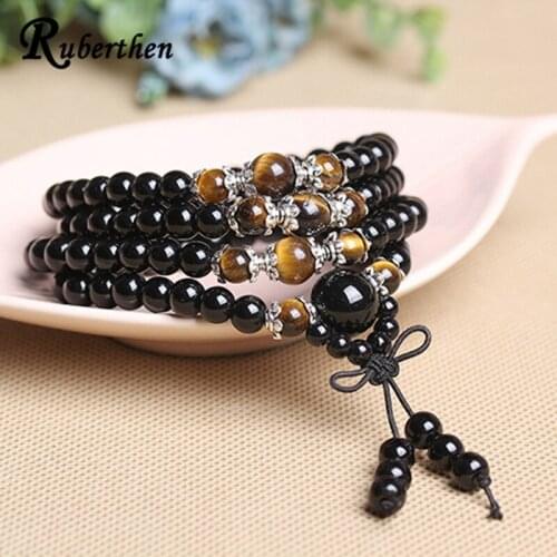 Ruberthen Balck Tourmaline 108 Mala Bracelet for Women New Arrival Design Tiger`s Eye Stone Bracelet Fashion Women`s Jewelry