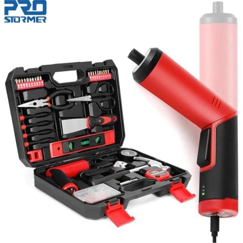 4V Cordless Screwdriver USB Electric Drill Straight Bend Type Hand and Electric Tool Sets Toolbox 57 pcs Household By PROSTORMER