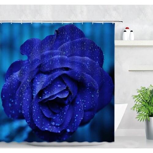 Blue Rose Shower Curtain Set Water Droplets Natural Flower Scenery Modern Waterproof Fabric Bathroom Decor Screen Bath Curtains