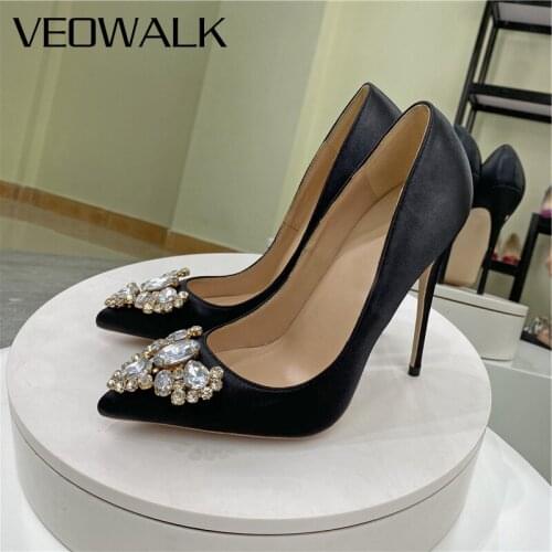 Veowalk Crystal Decor Women Satin Pointy Toe Stiletto Pumps Elegant Ladies High Heel Party Wedding Dress Shoes Color Customize