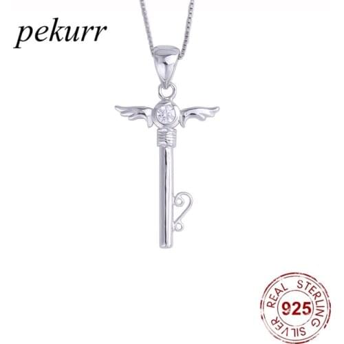 Pekurr 925 Sterling Silver Zircon Heart Fairy Angel Wing Key Necklaces For Women Crystal Cross Pendants Wedding Fashion Jewelry