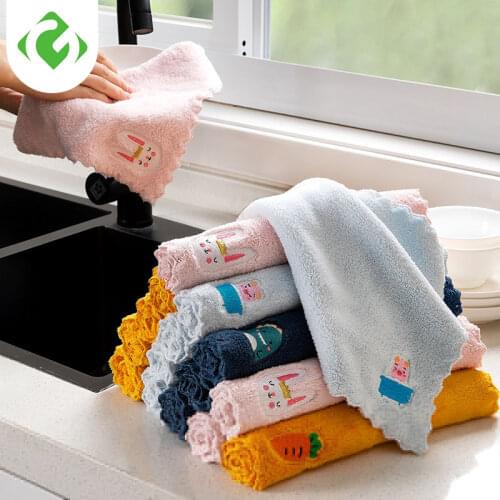 1pc Household Coral Velvet Embroidery Rag Kitchen Thicken Absorbent Cartoon Dishwashing Cloth Hanging Rag Cleaning Cloth