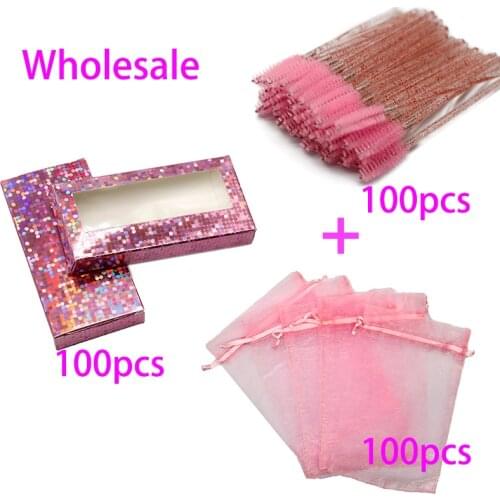 100 Sets Pink Eyelash Packaging Box Set with Drawstring Organza Faux Lashes Bag Wholesale and Disposable Mascara Wands In Bulk