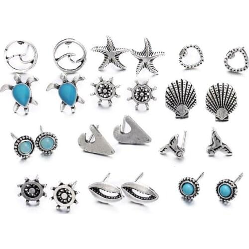 Y166 12 Pairs Mixed Turtle Starfish Shell Small Stud Earrings Set Women Boho Jewelry