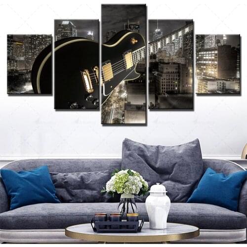 Home Decor Canvas Guitar Painting City Building Night View Pictures Wall Art Prints Modular Poster For Framed Living Room 5 Set