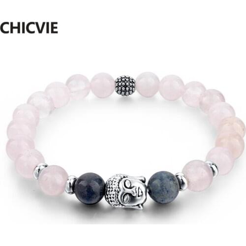 CHICVIE Pink Natural Stone Beads Buddha Bracelets & Bangles Silver Charms Bracelets For Women Jewelry Custom Bracelet Sbr150249
