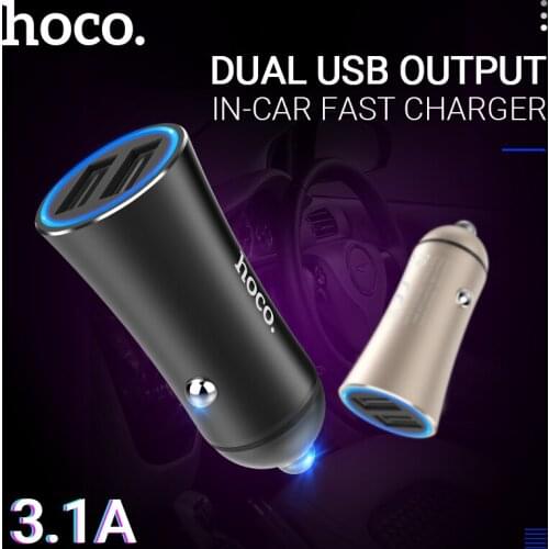 Hoco dual USB car charger for iPhone Samsung Huawei Xiaomi USB car mobile phone charging socket 3.1A aluminum android charger