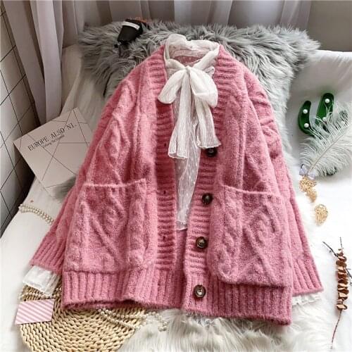 Vintage Sweaters Jacket Women Autumn And Winter Thick Warm Coat 2021 New Loose Korean Fashion Knitted Cardigan Female Suéteres