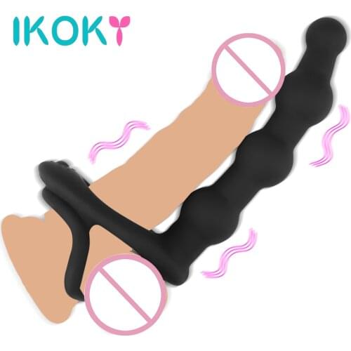 IKOKY Penis Rings Anal Beads Prostate Massage Delay Ejaculation 10 Mode Sex Toys for Men Butt Plug Dildo Vibrator