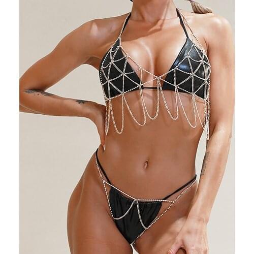 Sexy Rhinestone Decor Chain Bikini Set Without Bra & Panty Set 2021 Women Hollowout Halter Bra Chain Stage Performance Jewelry