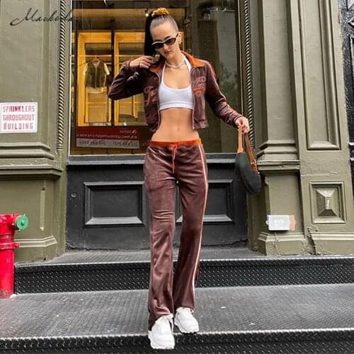Macheda Spring Fashion Two Pieces Set Women Zipper Long Sleeve Top And High Waist Lace Up Trousers Outfit Casual Street Clothing
