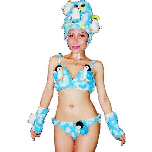 Penguin Cute Women Blue Bra Shorts Bikini Headwear Three Pieces Set Evening Prom Birthday Celebrate Outfit Nightclub Costume
