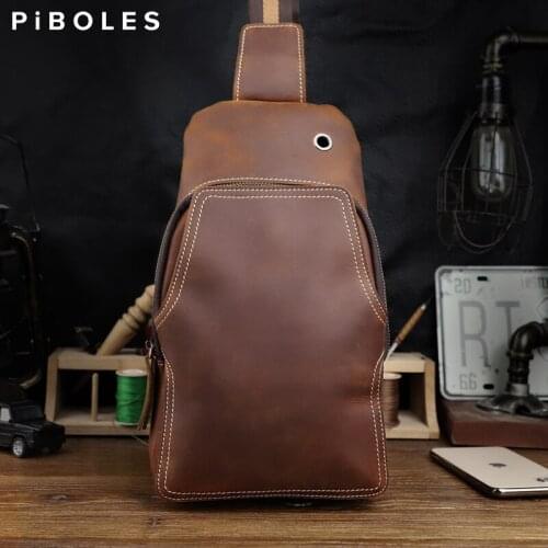 Genuine Leather Mens Chest Bag Retro Leather Sling Pack Shoulder Messenger Bags Handmade Crossbody Satchel Briefcase Bag