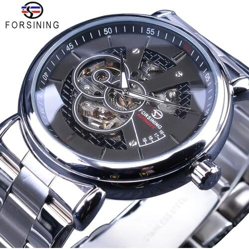 Forsining Steampunk Black Silver Mechanical Watches for Men Silver Stainless Steel Luminous Hands Design Sport Clock Male