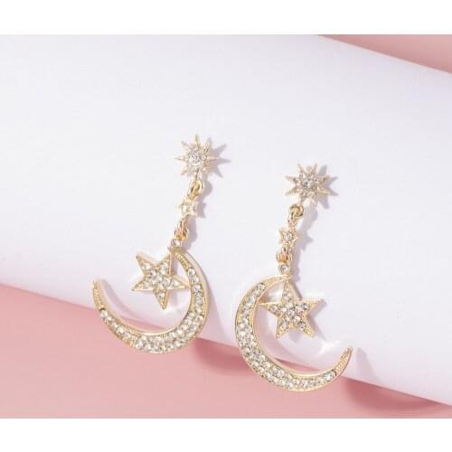 2020 New Rhinestone Star Moon Dangle Earrings For Women Exaggerated Temperament Crystal Zircon Earrings Elegant Fashion Jewelry
