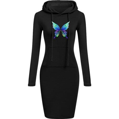 Autumn Winter Warm Sweatshirt Dress Long-sleeved Woman Clothing Hooded Collar Pocket Design Pullover Dress Vesdies cheap