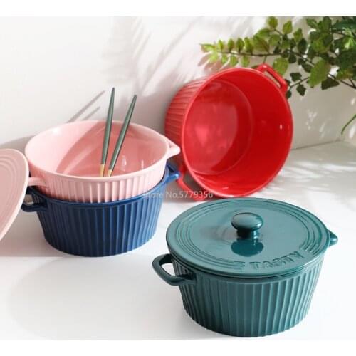 Nordic Simple Ceramic Binaural Noodle Bowl with Lid Instant Noodle Bowl Creative Household Soup Bowl Anti-scalding Salad Bowl