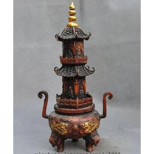Old Tibet Buddhism Bronze Gild Dragon Buddha Tower Statue Incense burner Censer