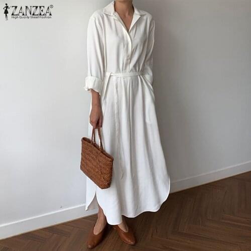 ZANZEA 2021 Spring Solid OL Work Long Dresses Stylish Women Casual Sundress Autumn Lapel Neck Long Sleeve Shirt Dress Belted