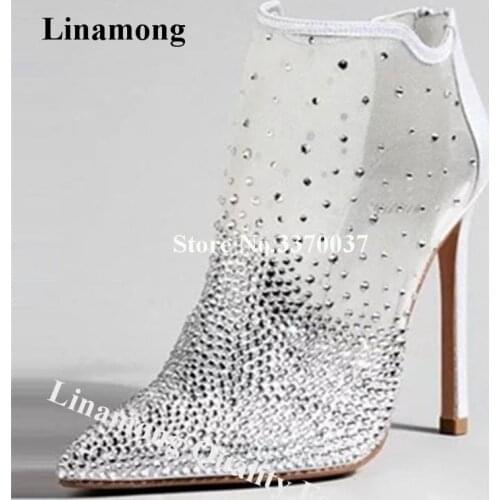 Linamong Bling Bling Elegant Pointed Toe Mesh Stiletto Heel Short Boots Lace Crystal White Ankle Booties Wedding Dress Heels