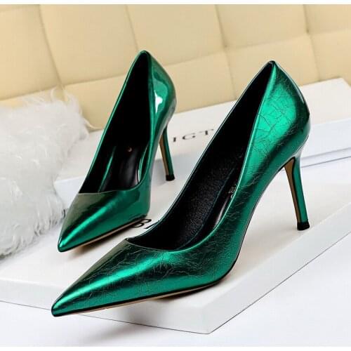2020 Women 8cm High Heels Pumps Plus Size 10.5 Pointed Toe Luxury Valentine Lady Shoes Low Heel Scarpins Yellow Green Blue Pumps