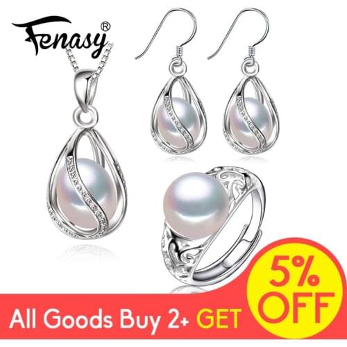 FENASY 925 Sterling Silver Jewelry Sets Natural Pearl Earrings For Women Cage Earrings Pendant Necklaces Vintage Adjustable Ring
