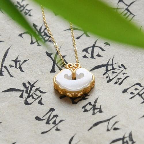 New Silver Inlaid Natural Hotan White Jade Chinese Retro Temperament Niche Design Xiangyun Womens Pendant Necklace