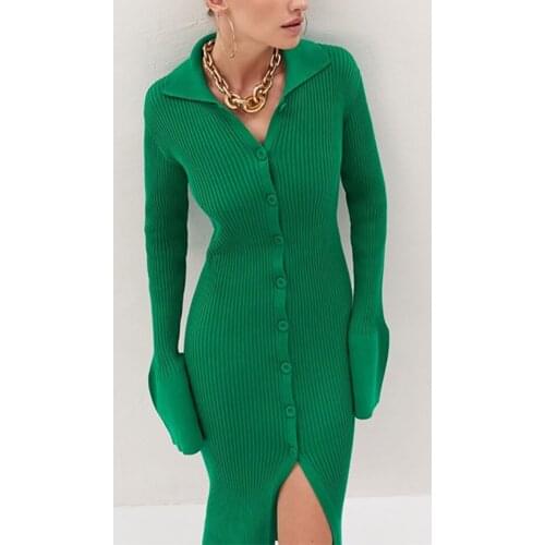 High Quality 2021 Autumn Fashion WomenS Knitted Dress Sexy V-Neck Flared Sleeves Single-Breasted Elegant Bodycon Casual Dress
