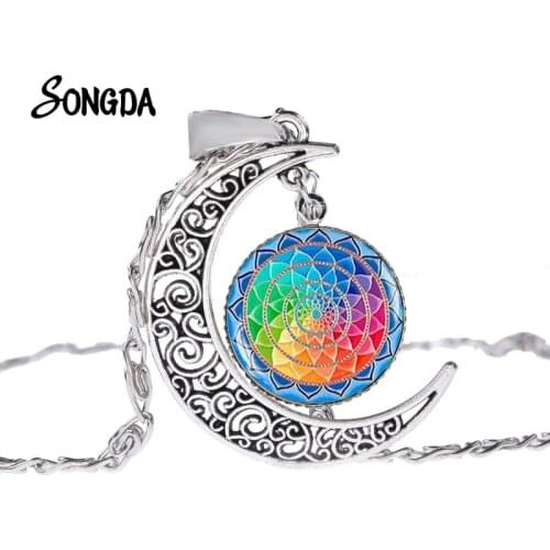 7 Chakras Indian Mandala Necklace Buddhist OHM OM AUM Buddha Lotus Art Pattern Glass Art Picture Moon Pendant Necklace Women Men