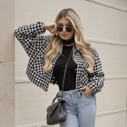Ardm Black White Plaid Cropped Coat Women Vintage Long Sleeve Pockets Tweed Jacket Women 2020 Female Casual Winter Outerwear Top
