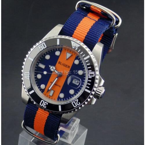 BLIGER 40mm Date Day automatic mens watches black bezel nylon strap
