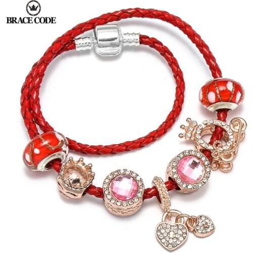 BRACE CODE Crown Queen Bracelet Rose Gold Heart Shape Bead Pendant Leather Chain Brand Bracelet Ladies and Childrens Gifts
