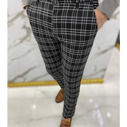 Fashion Men Pants Clothes Plaid Checked Trousers Slim Fit Classic Vintage Suit Male Socail Party Korean Style Streetwear Male