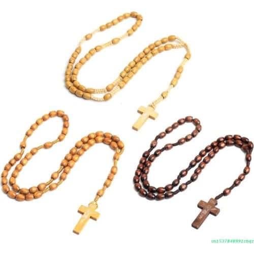 Wooden Beads Cross Pendant Rosary Necklace Catholic Christian Religious Jesus