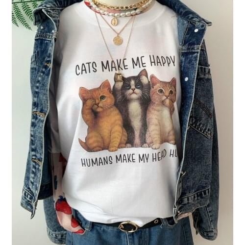 Sunfiz HJN Cats Make Me Happy Human Make My Head Hurt T-Shirt Womens Cute Funny Tee For Cat Lovers Cat Kitten Shirt