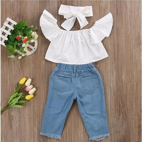 Summer Fashion Cool Girls Clothing Kids Set 3pcs Off Shoulder Tops + Denim Long Pant + Headband Baby Girls Outfit