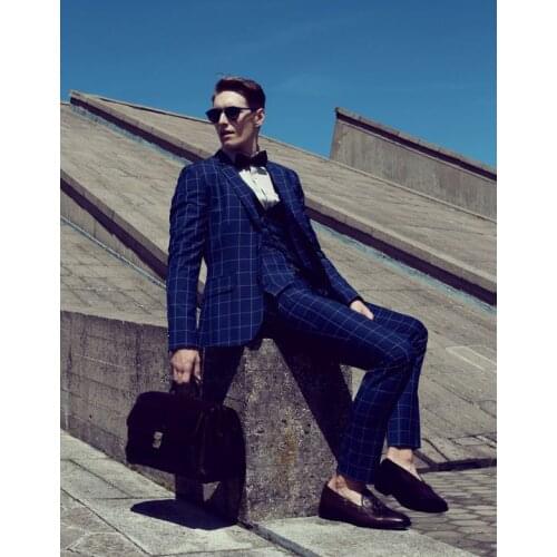 Latest Coat Pant Designs Navy Blue Pattern Prom Men Suit Jacket Slim Fit Tuxedo 3 Piece Custom Groom Party Suits Terno Masculino