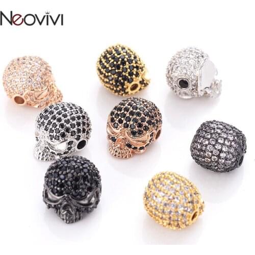 Neovivi Delicate Skull Beads for Jewelry Making Pave Cubic Zirconia Copper Spacer Bead Necklace Connector Bracelets Accessories