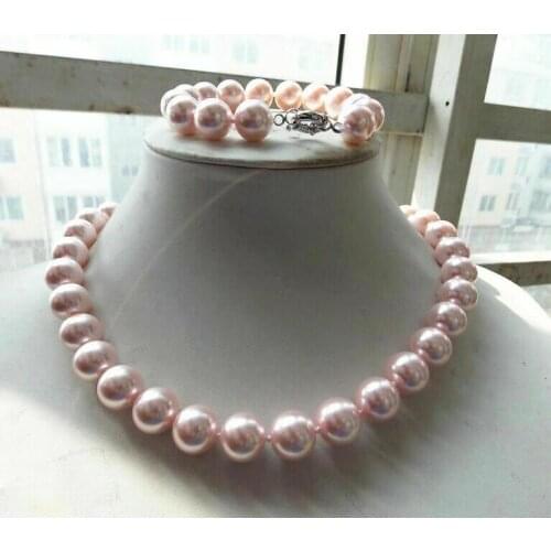 Charming 12mm Natural Pink South Sea Shell Pearl Round Beads Necklace Bracelet Set